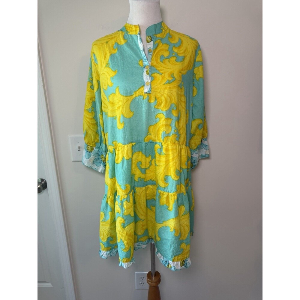 Modaposa Dress Women’s Large Teal Yellow Paisley Print Boho Resort Wear *flaw*